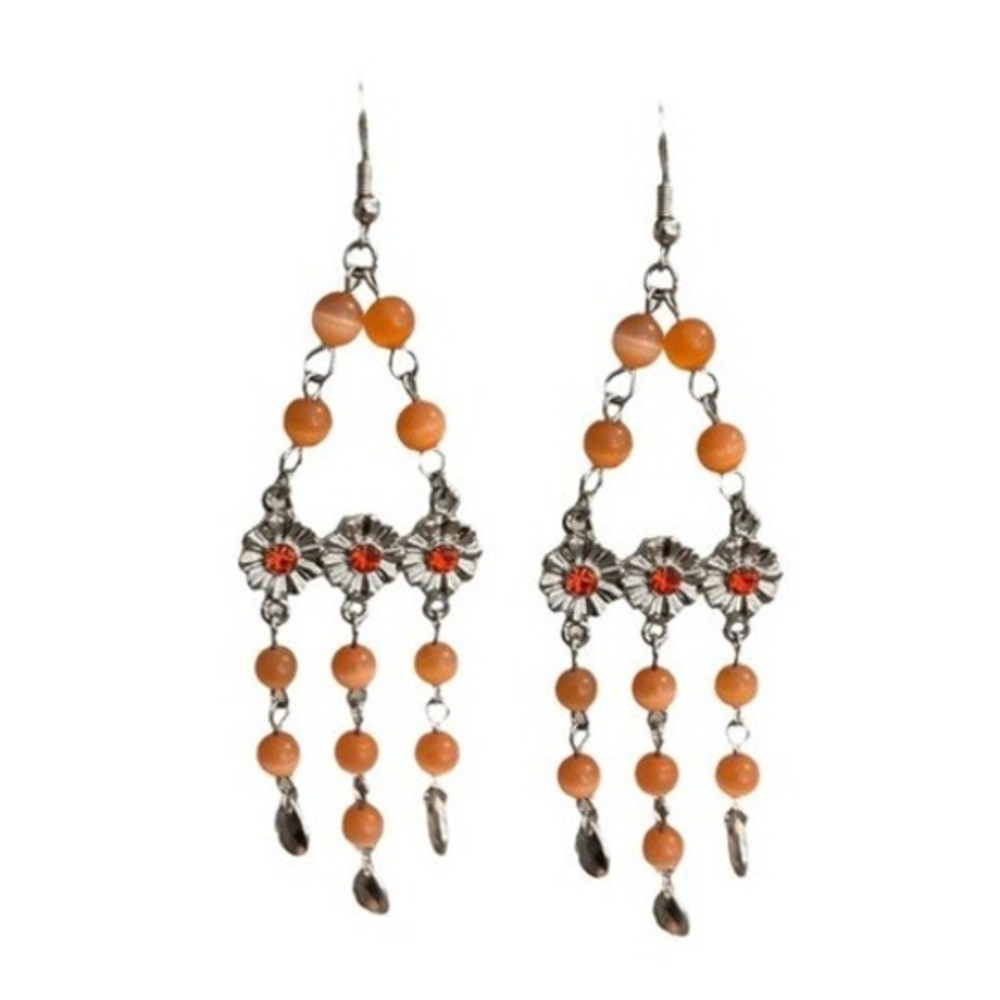 Vintage Y2K Chandelier Earrings Silver Tone Metal Orange Beads Floral Pyramid Ch